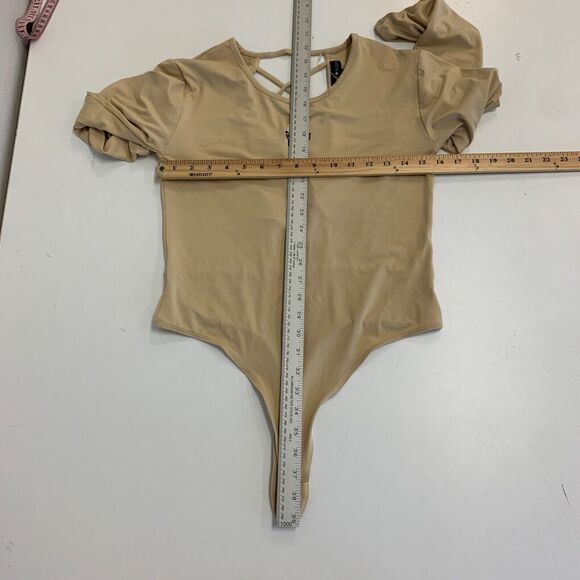 Social Scene Bodysuit Womens M Medium Champagne Tan Open Tie Back Snap Buttons - Picture 6 of 10